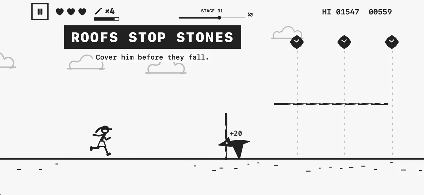 A roof drawn under falling stones