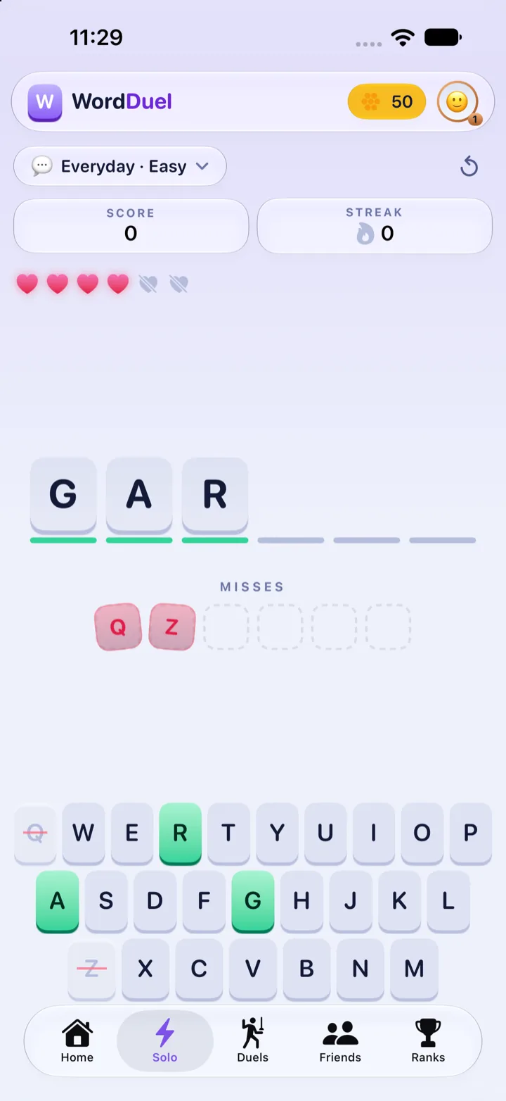 A word in progress: G, A and R found, Q and Z missed