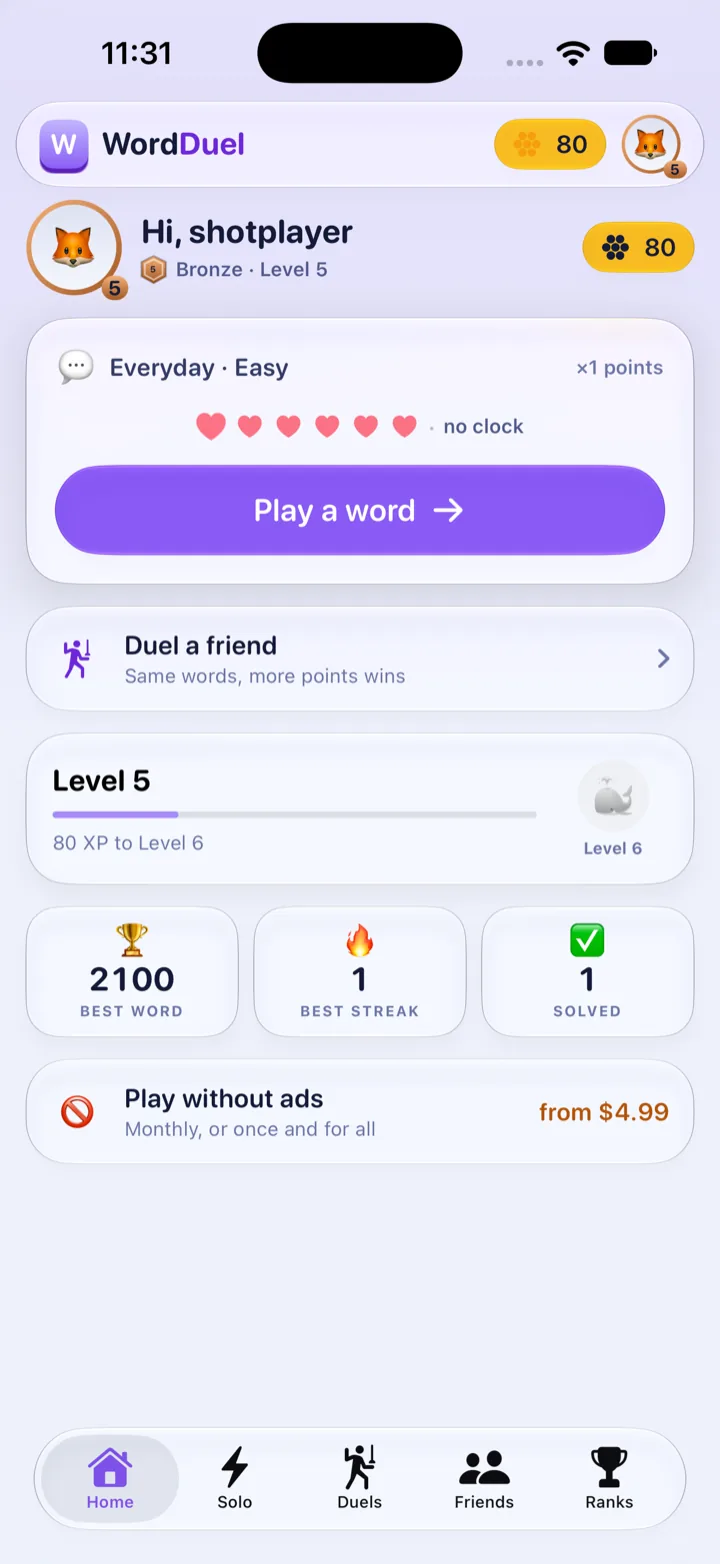 Home screen with your level, streak and a Play a word button